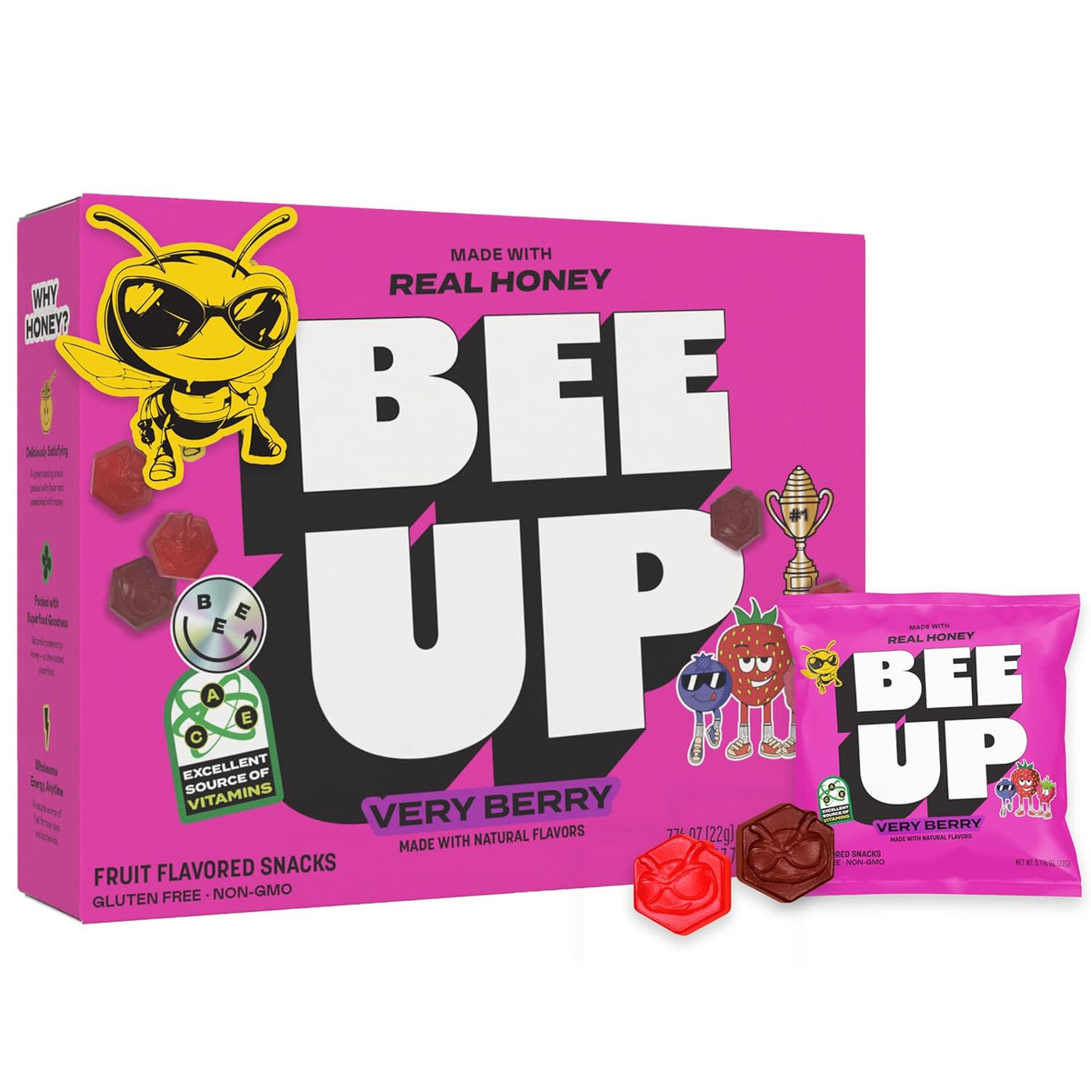 BEEUP Honey Fruit Snacks – With a Teaspoon of Honey in Every Pouch – Dye Free, No Corn Syrup – Individually Wrapped Fruit Snack Packs for School, Sports, Soccer – Very Berry (Pack of 10)