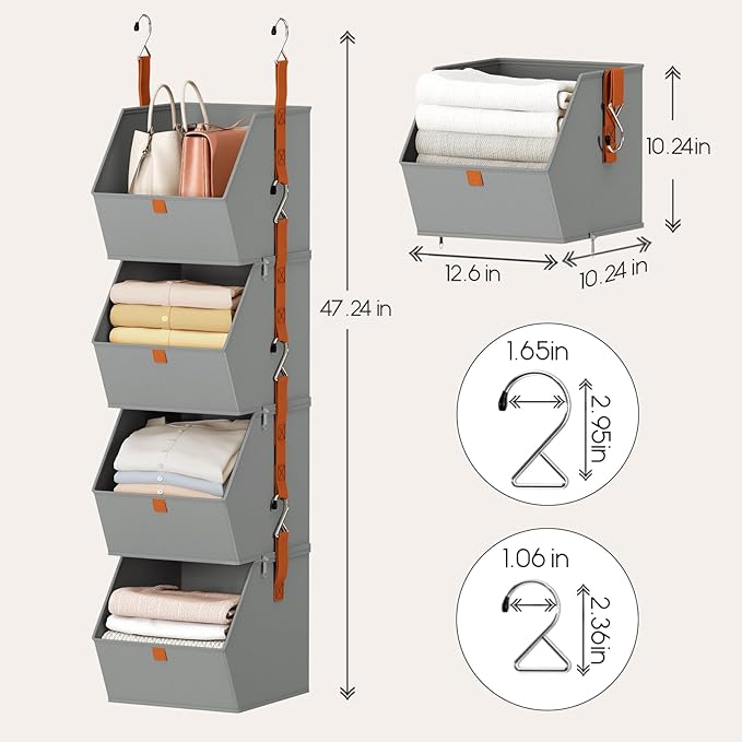 Hanging Closet Organizer 4 Tier - Clothes Hanging Shelves, Space-Saving Closet System, Fabric Storage Bins Bedroom Organization, Collapsible Baskets for Home, Dorm, Rv, Grey