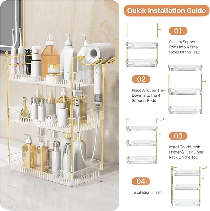 Bathroom Counter Organizer with Hair Dryer Holder and Toothbrush Holder, Acrylic Vanity Tray for Skincare, Perfume, Makeup Storage on Countertop ＆ Dresser (Clear, 3-Tier)
