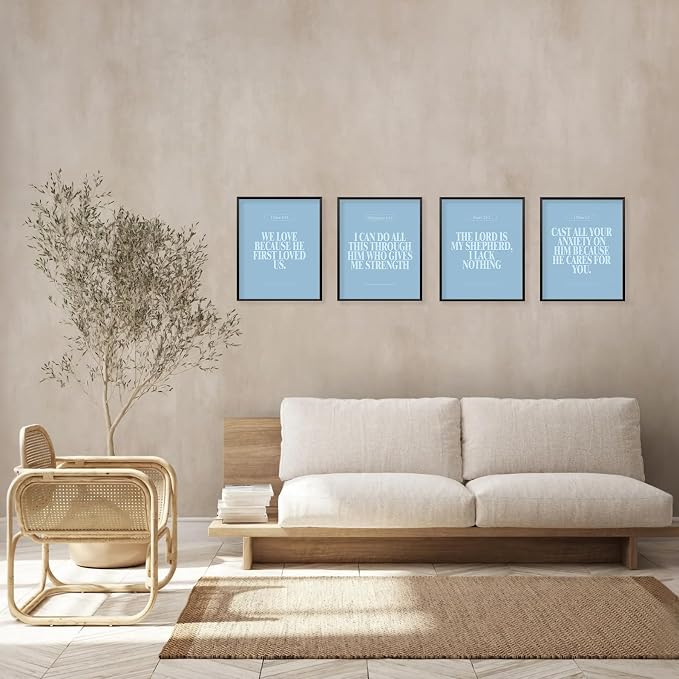 Locomiss Light Blue Christian Wall Art Decor Posters, Modern Bible Verse Prints
