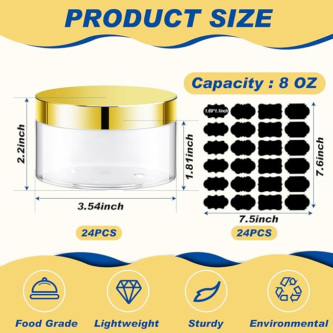 Dandat 24 Pcs 8 oz Plastic Jar Container with Lid and Label Refillable Empty Round Clear with Colourful Pet Cosmetic Sample Slime Containers for Lotion, Cream, Ointments, Body Butter, Travel Storage