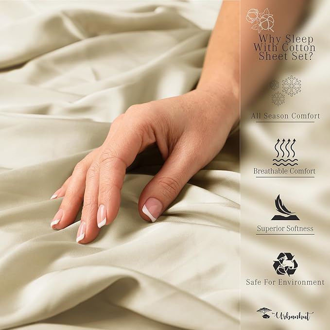 URBANHUT 1000 Thread Count Queen Sheets Set Egyptian Cotton, Long Staple Soft & Breathable, 4 Pc Bed Sheet Sets for Queen Size Bed, Luxury Hotel Sateen Sheets Fits 16" Deep Pocket - Ivory New