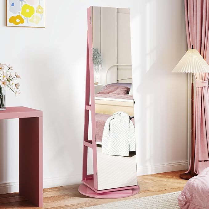 Mirror Jewelry Cabinet Standing with Full Length Mirror, 360° Swivel Jewelry Armoire with 3-Color LED Lights & Foldable Makeup Shelf, Lockable Organizer for Women, Space-Saving (Pink)