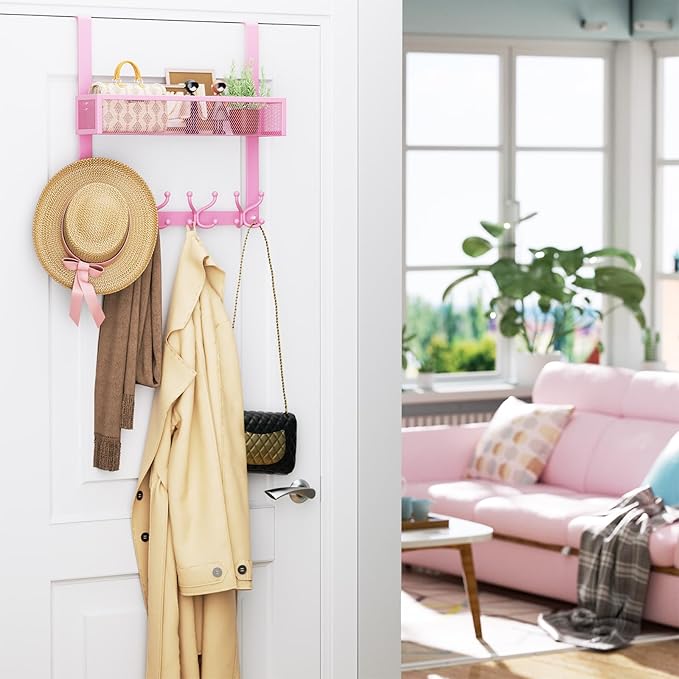 Consumest Over The Door Hooks Organizer - Over Door Hanger with 16 Hooks & 2 Baskets for Hanging Coat, Clothing, Towel, Back Storage for Bathroom, Closet, College Dorm, Pink