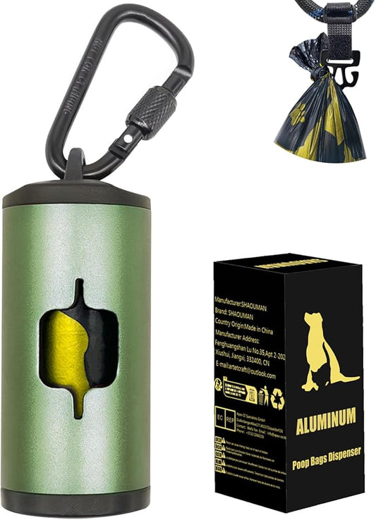 Metal Dog Poop Bag Holder w/Leash Clip|Durable Scratch-Resistant Aluminum|15 Bags+3 Accessories(Drak Green)