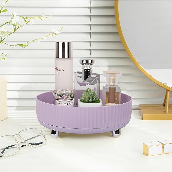 Anyoifax Makeup Perfume Organizer Tray 360 Degree Rotating Lazy Susan Skincare Lotion Organizer Spinning Cosmetics Storage for Dresser, Vanity, Bathroom Countertop, Small Purple