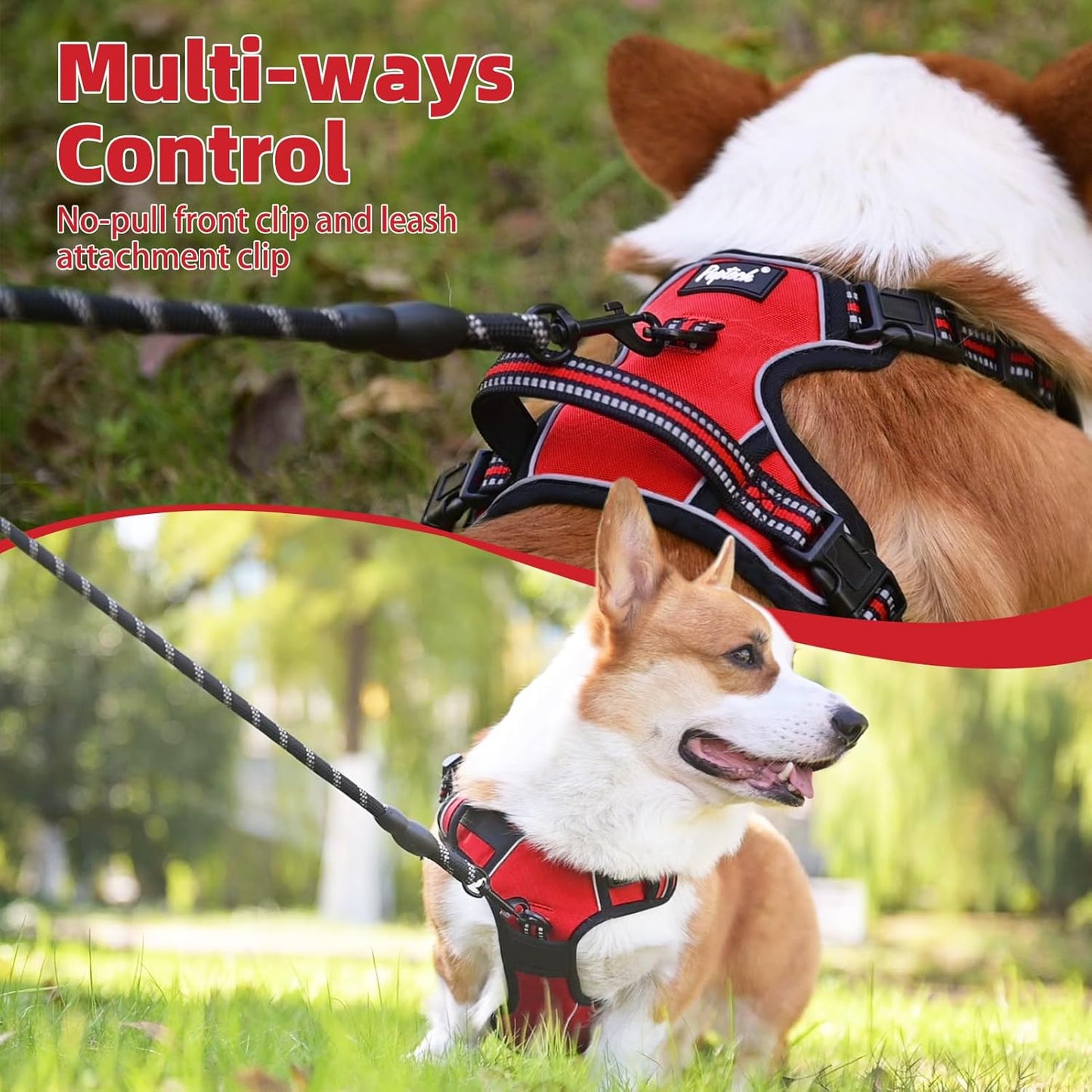 PUPTECK No Pull Dog Harness Small Sized, Adjustable Reflective Dog Harness with Handle Easy Control, Comfortable Soft Padded Pet Vest Harness for Small Dogs, Red S