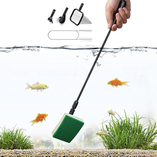 Aquarium Algae Scraper, Small Fish Tank Cleaner for Glass Algae Remover 5 in 1, Aquariums Cleaning kit with Seaweed Scraper, Flat Sponge, Fish Net, Clean Brush, Tube Brush for Freshwater, Nano Tanks
