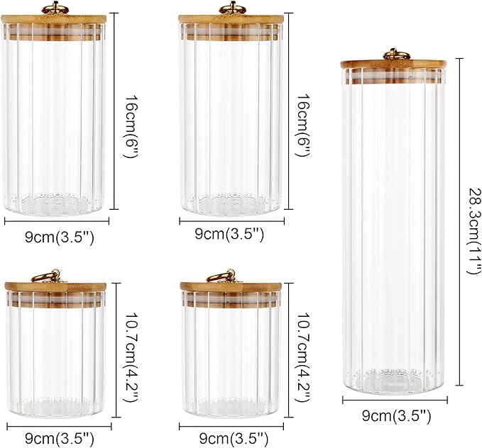 FANTESTICRYAN Glass Storage Jars Set of 5, Decorative Coffee Bar Container with Airtight Bamboo Lid Metal Ring for Home Kitchen Storing Candy, Cookie, Pasta, Nuts, Oatmeal and Bathroom Salt