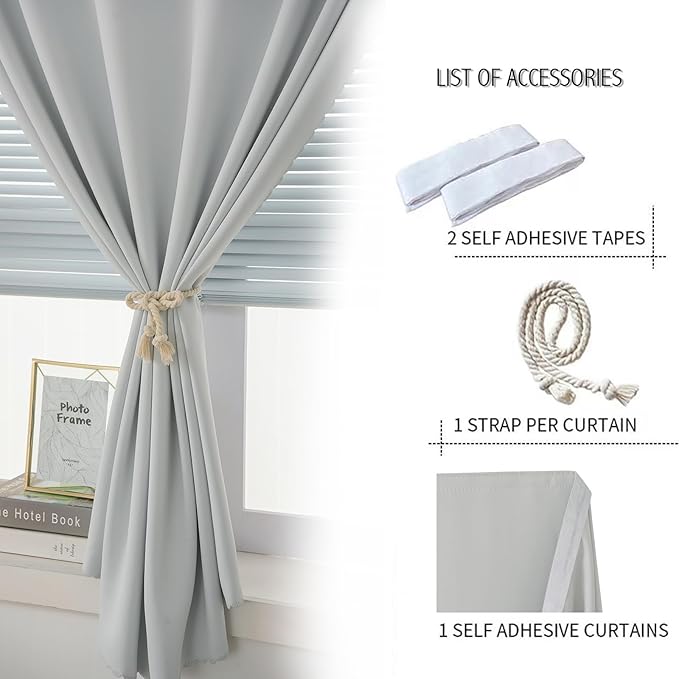 Self Adhesive Curtains Portable Blackout Curtain Simple and Easy to Install Bedroom Window Thermal Lnsulated Kitchen Room Darkening Black Small Drapes, 59" W X 96" L, White, 1 Panel