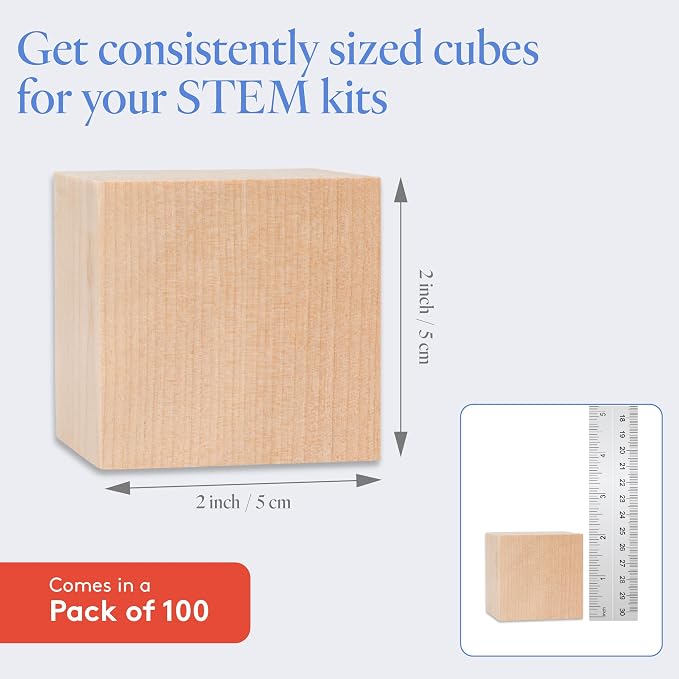 DIY Wood Cubes 2-inch, Pack of 100 Small Wooden Baby Blocks for Baby Shower, Wooden Blocks for Crafts, STEM, Building, and Blank Wood Dice, by Woodpeckers