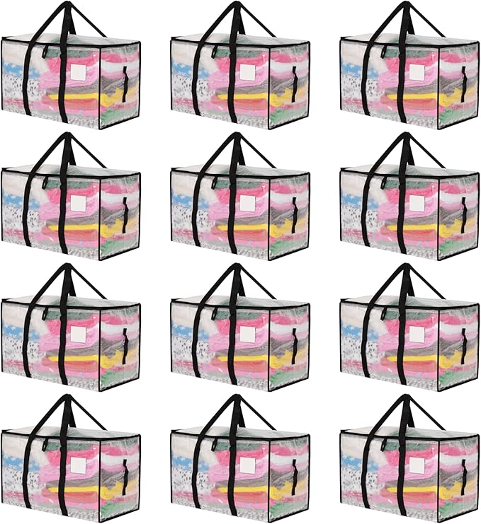 Moving Bags Heavy Duty Extra Large, Alternative for Moving Boxes & Moving Supplies,Clear Storage Bins with Lids, Plastic Packing Tote, Storage Bags for Clothes with Handles & Zippers(Clear, 12 Pack)