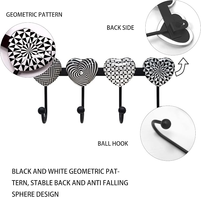 Coat Rack Wall Mounted with 4 Hooks, Heart Geometric Pattern Decorative Wall