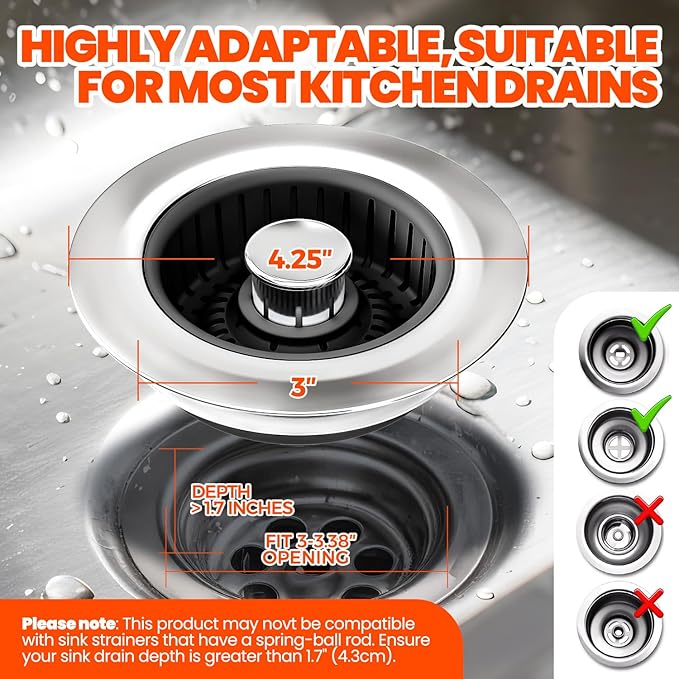 3 in 1 Kitchen Sink Drain Strainer & Sink Stopper Upgraded Stainless Steel Drain Plug with Anti-Clog Basket Drain Stopper Combo, Pop Up Sink Stopper for Standard 3-1/2''