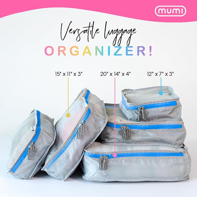 MUMI Packing Cubes - 5 Compression Packing Cubes for Travel, Luggage Organizer Bags for Suitcases, Carry-On, Duffle or Backpack – Mesh, Waterproof Bags for Clothes, Kids & Travel Accessories - Aqua