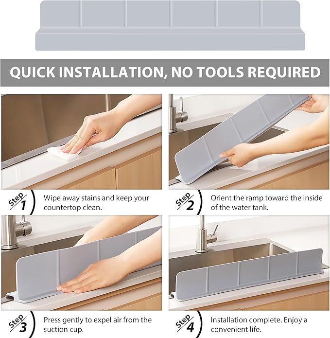29Inch Sink Splash Guard – Extended Length & Tall Silicone Kitchen Sink Splash Guard with Overhang Drainage Design & Strong Suction Cups for Countertop(Grey, 29''x3.5'')