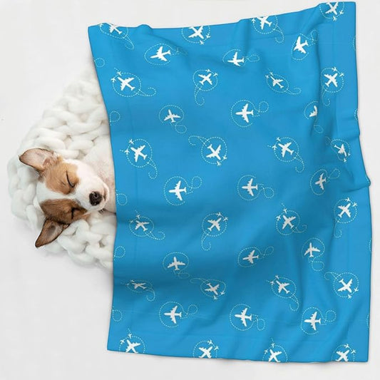 Pet Blanket for Indoor Outdoor Use, Aircraft Airplane Pattern Navy Blue, Two Sided Reversible Plush Mat with Bumpy Dot Texture for Patios Crates Portable Bed Companion