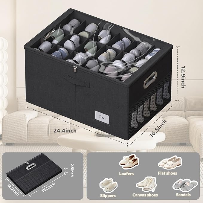 Foldable Shoe Storage Box for 18 Pairs – Black