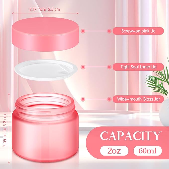 Domensi 48 Pcs 2 oz Glass Jars with Lids Travel Size Round Leakproof Empty Cosmetic Jars with Inner Liners Lid for Storing Makeup Lotions Face Cream Ointments Candle DIY Making (Pink)