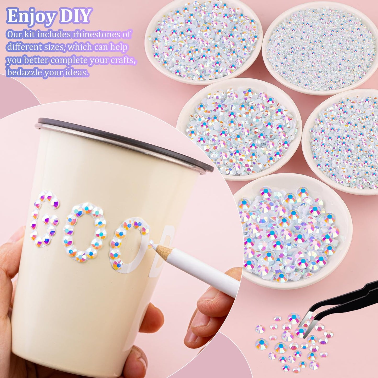 30000Pcs White AB Rhinestones for Bedazzling with B7000 Jewelry Glue, Bedazzler Kit Flatback Gems, Resin Rhinestones for Crafting Crafts Clothing Shoes Fabric Nail Art Assorted Size 2/3/4/5/6mm