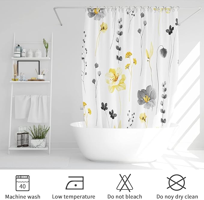 Gibelle Extra Long Shower Curtain 72 x 84, Watercolor Floral Fabric Shower Curtain, Yellow Grey Flower Decorative Bathroom Shower Curtain Set with Hooks