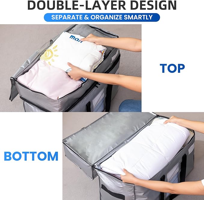 TAILI 2 Tier Extra Large Moving Bags, 4 Pack Silver Heavy Duty Totes for Storage with Visible Window, Wrap Around Handles, Storage Bags for Space Saving, Alternative to Moving Boxes