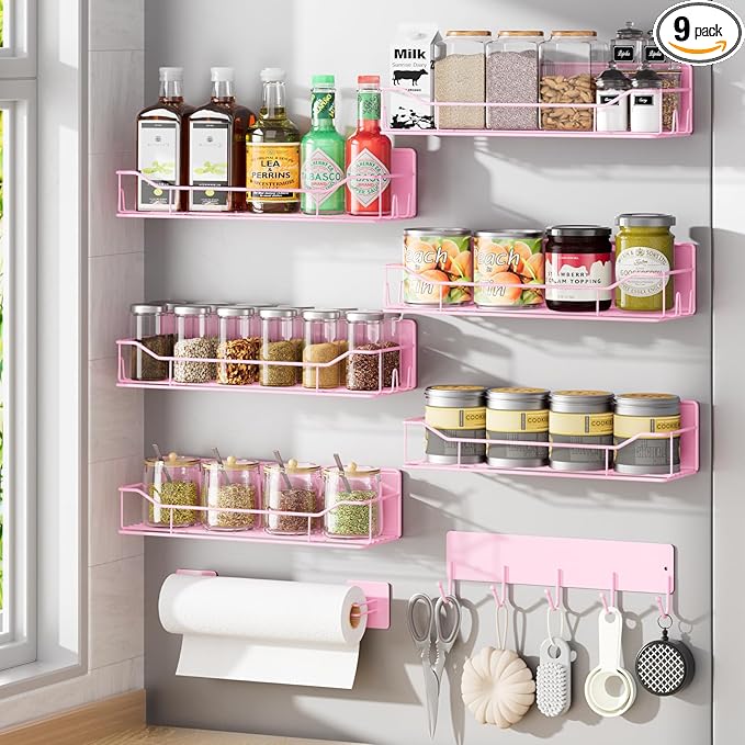 Magnetic Spice Rack for Refrigerator, 9 Pack Magnetic Fridge Shelves W/Adjustable Paper Towel Holder, Hook Rack, Moveable Spice Organizer Shelf for Kitchen Organization and Storage (Pink)