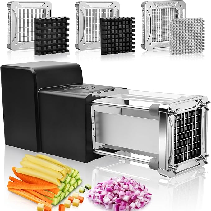 Sopito French Fry Cutter Electric Vegetable Slicer Stainless Steel with 3 Blades 1/4 3/8 1/2 Inch for Potatoes Carrots Onions Apples