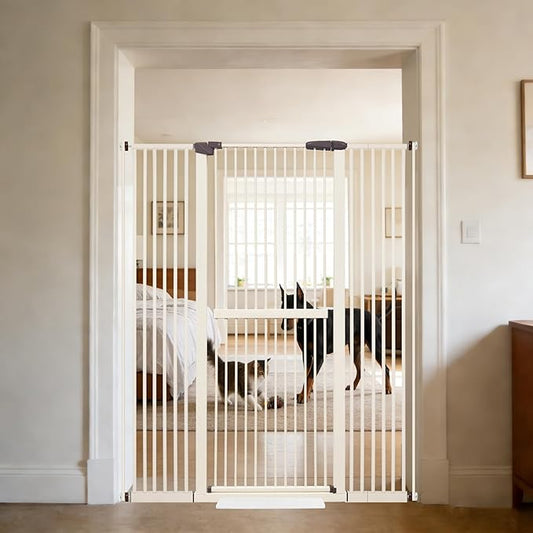 Lumizone Extra Tall Cat Gate 61.02" High Pressure Mounted Extra Wide 38.39"-59.24" (17Sizes) 1.37" Gap No Drilling Auto-Close Tall Pet Gate for Dogs (Cream, 30.12"-59.24" W)