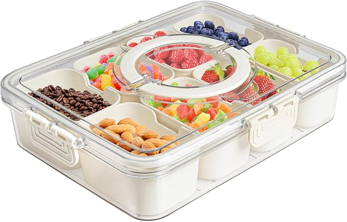 Divided Veggie Tray with Lid and Handle 8 Compartment Serving Tray with Dividers Portable Travel Snack Containers Stackable Snackle Box Charcuterie Container for Fruit,Vegetable,Salad