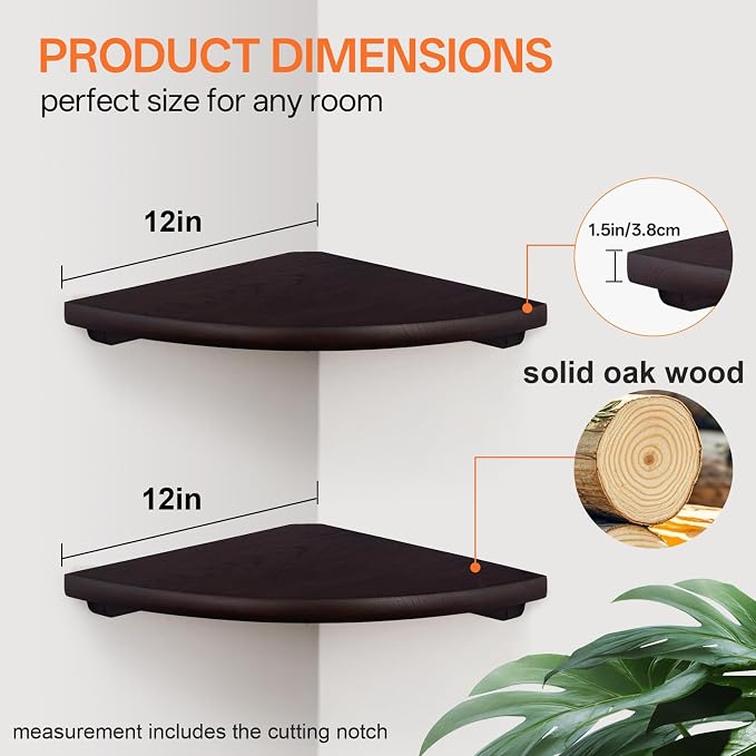 Gieanoo Floating Corner Shelves Set 2 12inch Walnut Solid Oak Rounded Corner