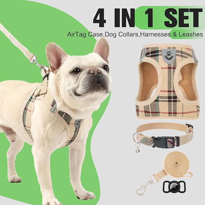 EXPAWLORER Plaid Small Dog Harness and Leash Set with AirTag Holder - Soft Padded Step in Dog Vest Harness Medium Sized Dog, No Pull Reflective Puppy Harness, Collar and Leash for Walking, Khaki M