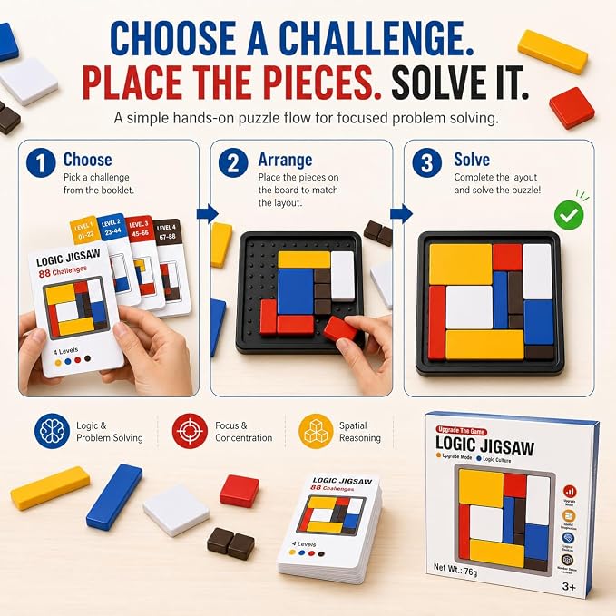 Logic Puzzle Brain Teaser Game for Kids and Adults, 88 Challenges with 4 Difficulty Levels, Portable Travel Puzzle Set for Brain Training and Screen-Free Learning by Sooshoom