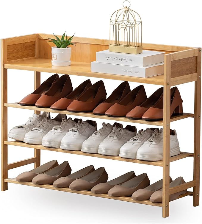 Bamboo Shoe Rack Organizer, 4 Tier Shoe Shelf Storage Organizer, for Entryway, Hallway, and Closet (Nature-31.5)