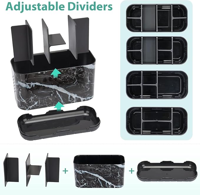 Boperzi Black Toothbrush Holder for Bathroom Toothpaste Organizer Countertop, Detachable Anti-Slip Marble Toothpaste Storage Caddy 6 Slots with Drainage Holes for Makeup Brush Razor Stand