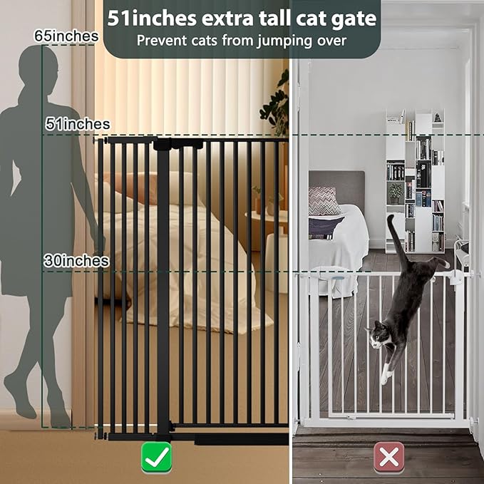 51'' Extra Tall Cat Gate Barrier for Doorways Hallways, Pressure Mounted Pet Dog Gates No Drilling Auto Close, Cat Fence Indoor Climb Proof 30-32.6'' Wide (Black)