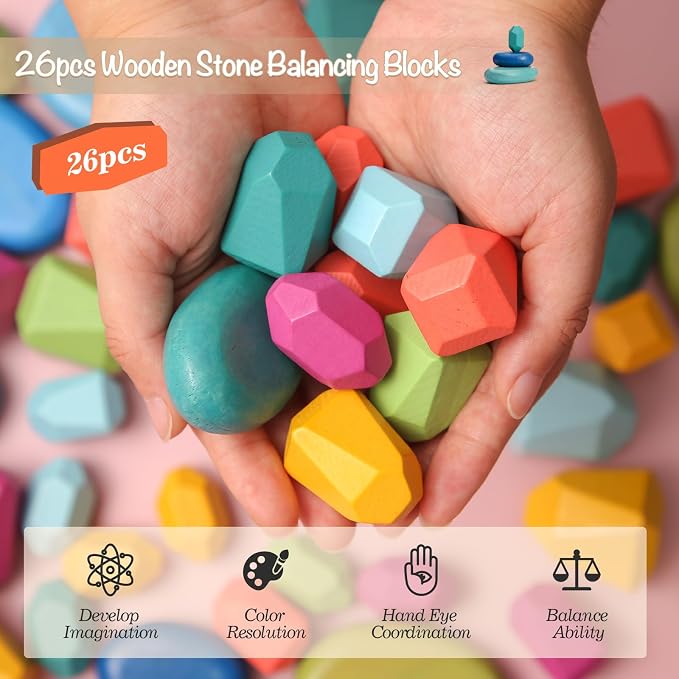 OESSUF Stacking Rocks 26Pcs Stacking Blocks Balancing Stones Wooden Building Toys Wood Stone Stacking Game for Toddler Sorting Preschool Educational Montessori Stacking Rocks for Kids