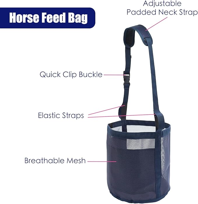 Horse Feed Bag for Grain - Heavy Duty Mesh Horse Feeder with Adjustable Strap,Comfort Neck Pad,Nose Pad Horse Muzzle Feed Bag(Medium,Blue)