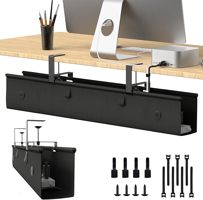 Under Desk Cable Management Tray, 40-inch No-Drill Cord Organizer with Anti-Sag Reinforced Base, Fabric Wire Management Hider for Standing Desk, Office & Gaming Accessories - Black