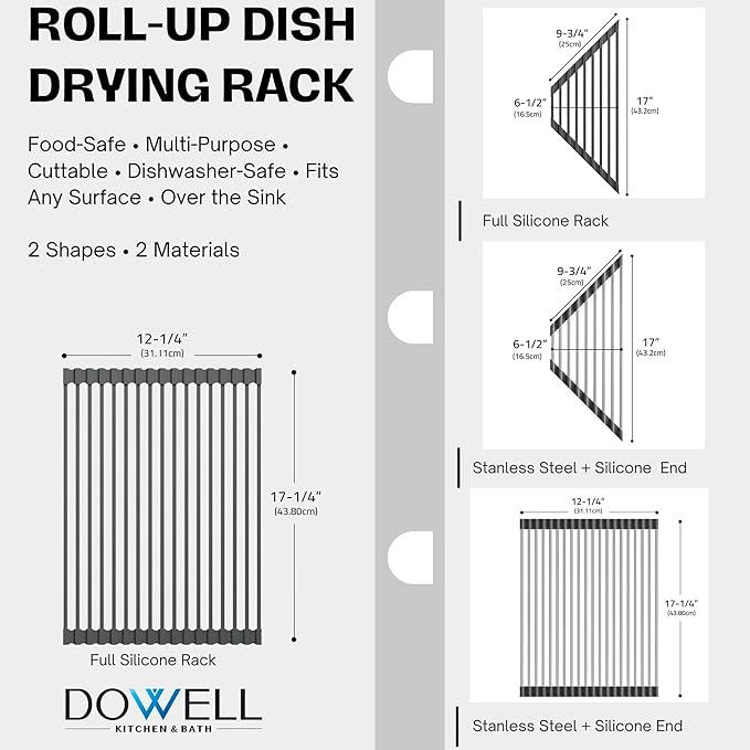 Dowell Over The Sink Roll Up Dish Drying Rack, 304 Stainless Steel, 20 Tubes, Dishwasher Safe, Food Safe, Heat Resistant, Foldable, Space-Saving, Sturdy, Multi-Purpose Sink Organizer