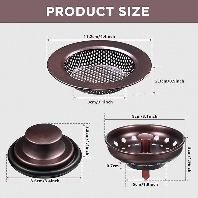 Mudder 3 Pcs Kitchen Sink Drain Strainer and Stopper Stainless Steel Garbage Disposal Plug with Handle Universal Anti-Clogging Kitchen Sink Filter Sieve Basket Strainer(Oil Rubbed Bronze)