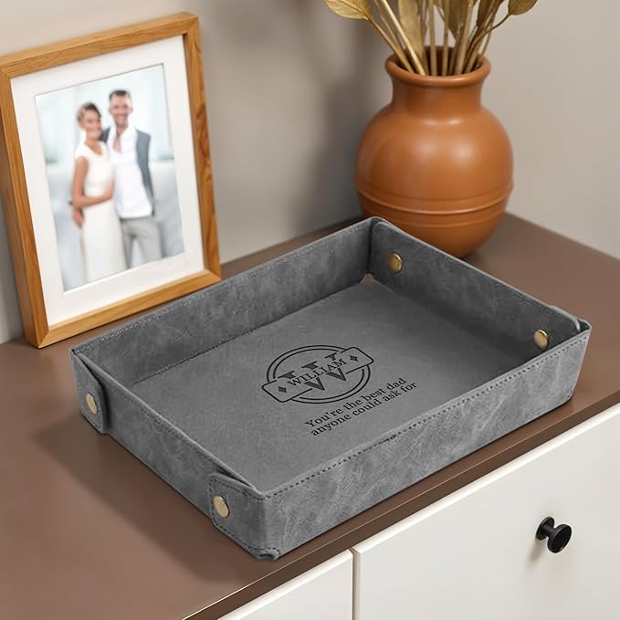 Engraved Father’s Day Leather Valet Tray – Personalized Leather Catch All with Custom Name – Men’s Valet Tray Organizer for Keys, Watches, and Jewelry – Unique Dad Gift from Daughter or Son - Grey
