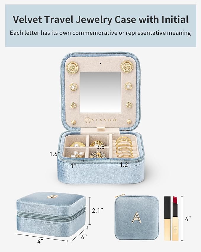 Vlando Travel Gifts 2025, Travel Jewelry Case for Girl Women, A Initial Jewelry Case, Mini Jewelry Travel Organizer Travel Essentials for Gifts for Friend Teen Girls - Letter A, Blue