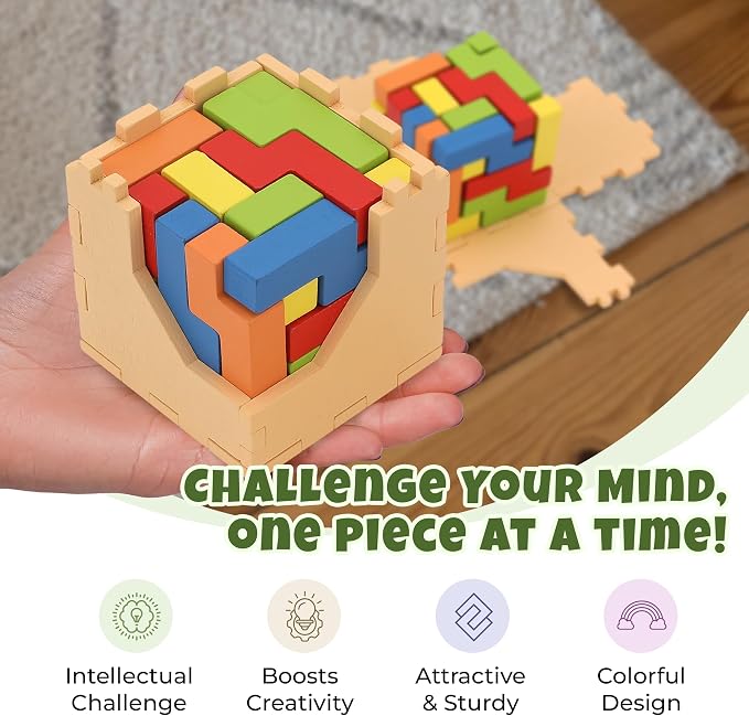 Sharp Brain Zone 3D Wooden Puzzle Cube (25N Style) | Colorful, Eco-Friendly Wooden Puzzle for Mental Stimulation, Focus, and Problem-Solving Fun | Challenging Brain Teaser for Adults and Kids