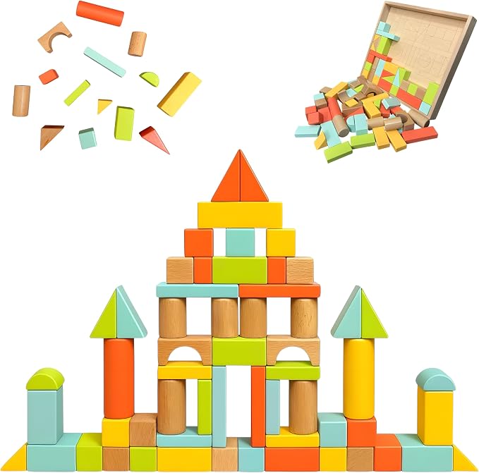 Natural Wood Building Blocks Set, 72 Pastel Color Pieces Castle Construction Blocks with Storage Tray, Educational STEM Learning Toys for Kids, Creative, Screen-Free, Architectural Play System