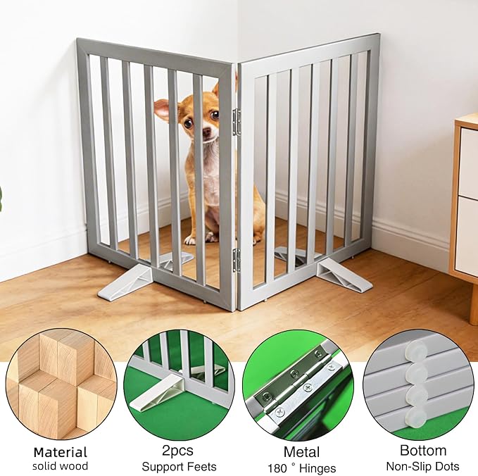ZJSF Freestanding Indoor Dog Gate for House Foldable Wood Puppy Gate for Doorways Pet Gate for Stairs Extra Wide Pet Fence, Grey, 24" Height 2 Panels