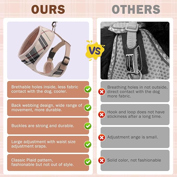 SCENEREAL No Pull Small Dog Harness Collar and Leash Set, Soft Mesh Plaid Puppy Harnesses for Fall Winter, No Chock Pet Vest for Outdoor Walking Training and Running, Beige S