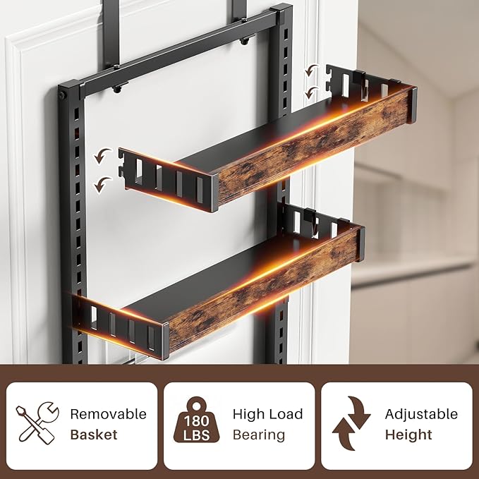 8 Tier Over The Door Pantry Organizer, 2 IN 1 Wall Mount or Metal Hanging Spice Rack for Pantry Organizers and Storage, Seasoning Shelves，Adjustable Basket with Hooks for Kitchen Cabinet and Closet