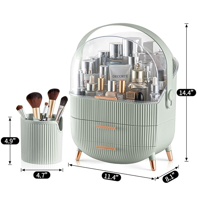 CANITORON Makeup Organizer with 2 Drawers and Brush Storage Box, Cosmetic Display Case for Vanity and Bathroom Countertop Storage (Sage Green)