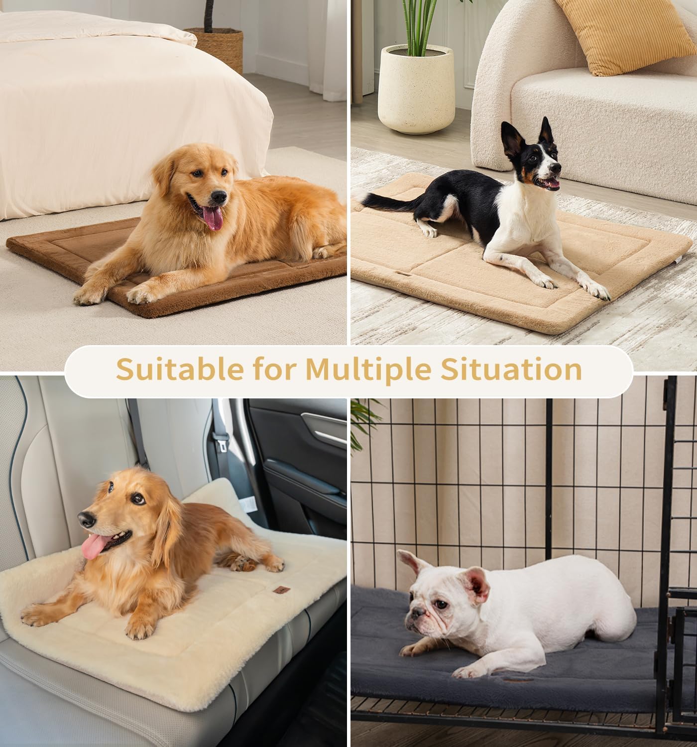 Made4Pets Dog Crate Pad Bed for Extra Large Dogs, Washable & Reversible, Anti-Slip Kennel Mat for Cozy Sleeping, Soft Fluffy Dog Bed for Indoor & Outdoor Use, 48"x30", Beige